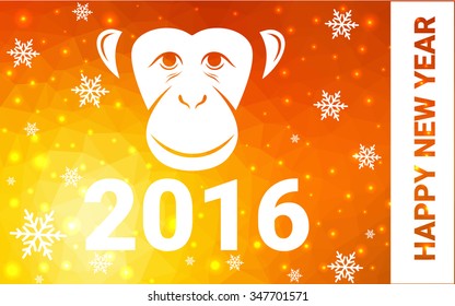 red, yellow monkey silhouette postcard low poly style with white snow vector illustration consisting of triangles. Abstract triangular polygonal origami or crystal background of New Years celebration.