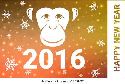 red, yellow monkey silhouette postcard low poly style with white snow vector illustration consisting of triangles. Abstract triangular polygonal origami or crystal background of New Years celebration.
