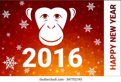 red, yellow monkey silhouette postcard low poly style with white snow vector illustration consisting of triangles. Abstract triangular polygonal origami or crystal background of New Years celebration.