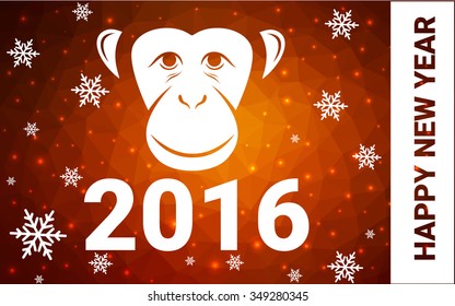 red, yellow monkey silhouette postcard low poly style with white snow vector illustration consisting of triangles. Abstract triangular polygonal origami or crystal background of New Years celebration.