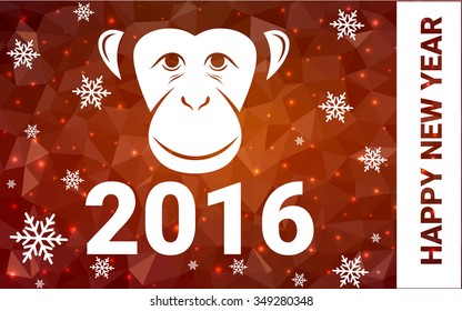 red, yellow monkey silhouette postcard low poly style with white snow vector illustration consisting of triangles. Abstract triangular polygonal origami or crystal background of New Years celebration.