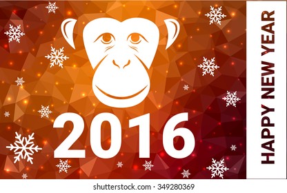 red, yellow monkey silhouette postcard low poly style with white snow vector illustration consisting of triangles. Abstract triangular polygonal origami or crystal background of New Years celebration.