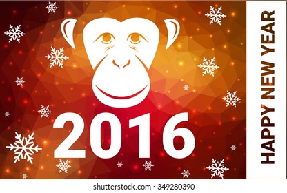 red, yellow monkey silhouette postcard low poly style with white snow vector illustration consisting of triangles. Abstract triangular polygonal origami or crystal background of New Years celebration.