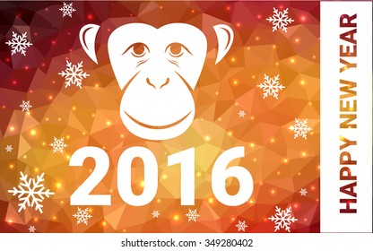 red, yellow monkey silhouette postcard low poly style with white snow vector illustration consisting of triangles. Abstract triangular polygonal origami or crystal background of New Years celebration.