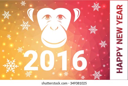 red, yellow monkey silhouette postcard low poly style with white snow vector illustration consisting of triangles. Abstract triangular polygonal origami or crystal background of New Years celebration.