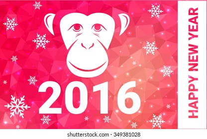 red, yellow monkey silhouette postcard low poly style with white snow vector illustration consisting of triangles. Abstract triangular polygonal origami or crystal background of New Years celebration.