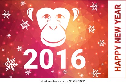 red, yellow monkey silhouette postcard low poly style with white snow vector illustration consisting of triangles. Abstract triangular polygonal origami or crystal background of New Years celebration.