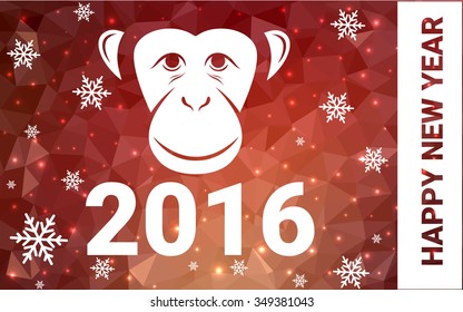red, yellow monkey silhouette postcard low poly style with white snow vector illustration consisting of triangles. Abstract triangular polygonal origami or crystal background of New Years celebration.