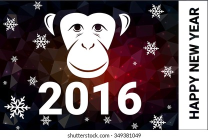 red, yellow monkey silhouette postcard low poly style with white snow vector illustration consisting of triangles. Abstract triangular polygonal origami or crystal background of New Years celebration.