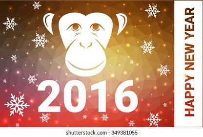 red, yellow monkey silhouette postcard low poly style with white snow vector illustration consisting of triangles. Abstract triangular polygonal origami or crystal background of New Years celebration.