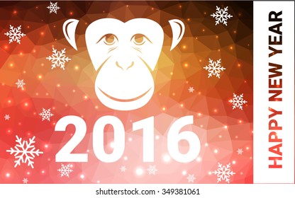 red, yellow monkey silhouette postcard low poly style with white snow vector illustration consisting of triangles. Abstract triangular polygonal origami or crystal background of New Years celebration.