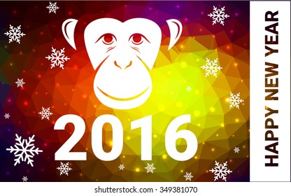 red, yellow monkey silhouette postcard low poly style with white snow vector illustration consisting of triangles. Abstract triangular polygonal origami or crystal background of New Years celebration.