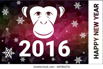 red, yellow monkey silhouette postcard low poly style with white snow vector illustration consisting of triangles. Abstract triangular polygonal origami or crystal background of New Years celebration.