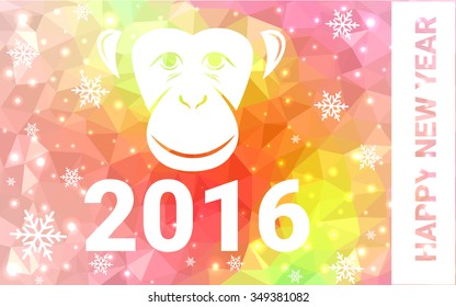 red, yellow monkey silhouette postcard low poly style with white snow vector illustration consisting of triangles. Abstract triangular polygonal origami or crystal background of New Years celebration.