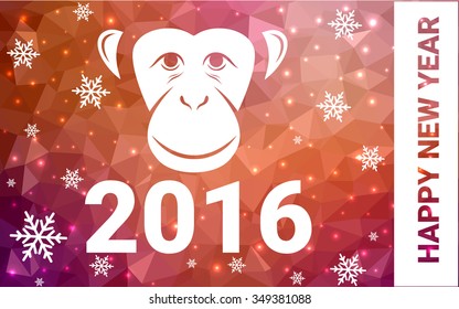 red, yellow monkey silhouette postcard low poly style with white snow vector illustration consisting of triangles. Abstract triangular polygonal origami or crystal background of New Years celebration.