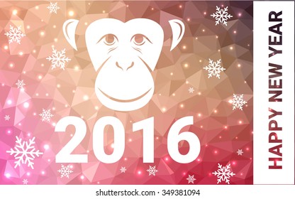 red, yellow monkey silhouette postcard low poly style with white snow vector illustration consisting of triangles. Abstract triangular polygonal origami or crystal background of New Years celebration.