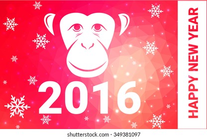 red, yellow monkey silhouette postcard low poly style with white snow vector illustration consisting of triangles. Abstract triangular polygonal origami or crystal background of New Years celebration.