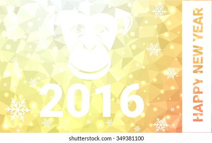 red, yellow monkey silhouette postcard low poly style with white snow vector illustration consisting of triangles. Abstract triangular polygonal origami or crystal background of New Years celebration.