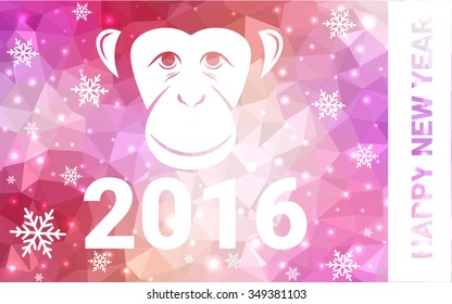 red, yellow monkey silhouette postcard low poly style with white snow vector illustration consisting of triangles. Abstract triangular polygonal origami or crystal background of New Years celebration.