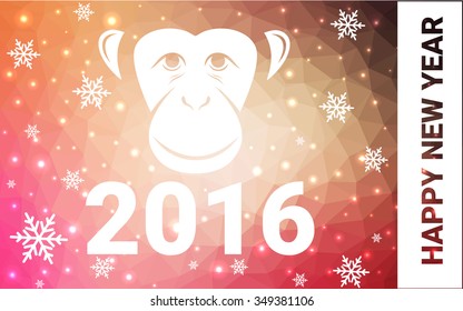 red, yellow monkey silhouette postcard low poly style with white snow vector illustration consisting of triangles. Abstract triangular polygonal origami or crystal background of New Years celebration.