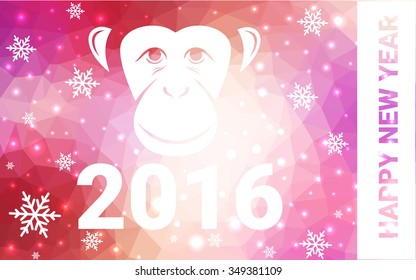 red, yellow monkey silhouette postcard low poly style with white snow vector illustration consisting of triangles. Abstract triangular polygonal origami or crystal background of New Years celebration.