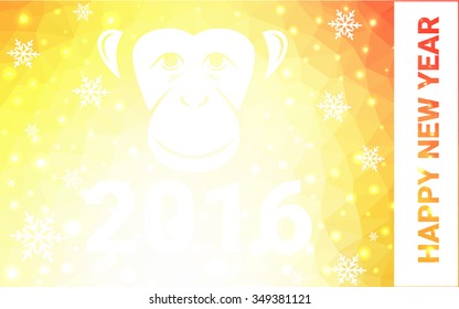 red, yellow monkey silhouette postcard low poly style with white snow vector illustration consisting of triangles. Abstract triangular polygonal origami or crystal background of New Years celebration.
