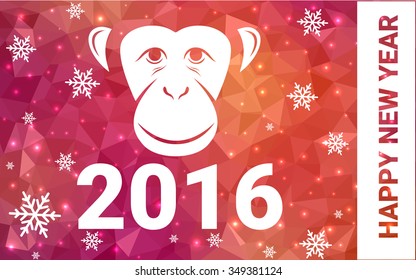 red, yellow monkey silhouette postcard low poly style with white snow vector illustration consisting of triangles. Abstract triangular polygonal origami or crystal background of New Years celebration.