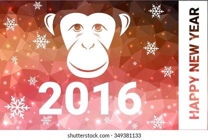 red, yellow monkey silhouette postcard low poly style with white snow vector illustration consisting of triangles. Abstract triangular polygonal origami or crystal background of New Years celebration.