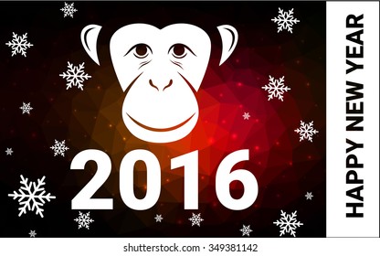red, yellow monkey silhouette postcard low poly style with white snow vector illustration consisting of triangles. Abstract triangular polygonal origami or crystal background of New Years celebration.