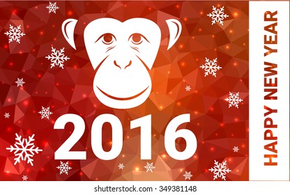 red, yellow monkey silhouette postcard low poly style with white snow vector illustration consisting of triangles. Abstract triangular polygonal origami or crystal background of New Years celebration.