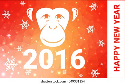 red, yellow monkey silhouette postcard low poly style with white snow vector illustration consisting of triangles. Abstract triangular polygonal origami or crystal background of New Years celebration.