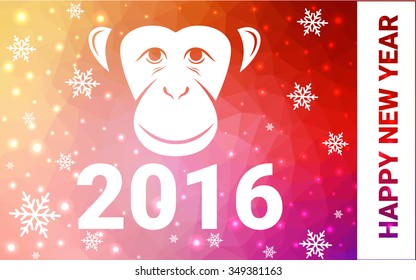 red, yellow monkey silhouette postcard low poly style with white snow vector illustration consisting of triangles. Abstract triangular polygonal origami or crystal background of New Years celebration.