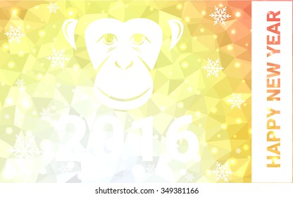 red, yellow monkey silhouette postcard low poly style with white snow vector illustration consisting of triangles. Abstract triangular polygonal origami or crystal background of New Years celebration.