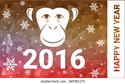 red, yellow monkey silhouette postcard low poly style with white snow vector illustration consisting of triangles. Abstract triangular polygonal origami or crystal background of New Years celebration.