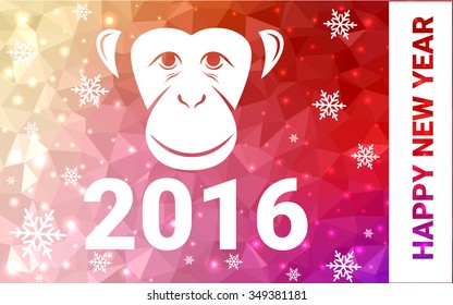 red, yellow monkey silhouette postcard low poly style with white snow vector illustration consisting of triangles. Abstract triangular polygonal origami or crystal background of New Years celebration.