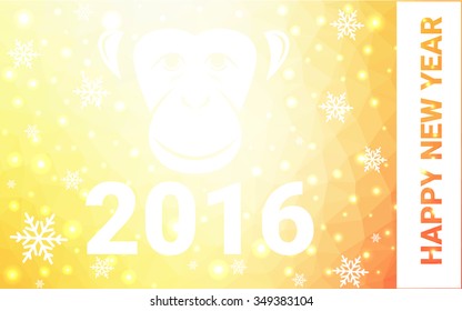 red, yellow monkey silhouette postcard low poly style with white snow vector illustration consisting of triangles. Abstract triangular polygonal origami or crystal background of New Years celebration.
