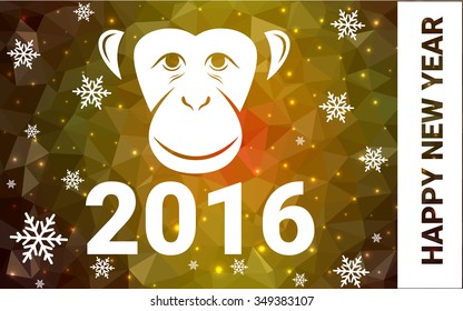 red, yellow monkey silhouette postcard low poly style with white snow vector illustration consisting of triangles. Abstract triangular polygonal origami or crystal background of New Years celebration.