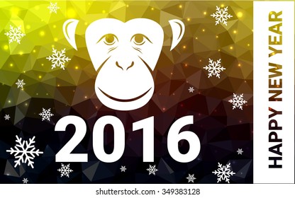 red, yellow monkey silhouette postcard low poly style with white snow vector illustration consisting of triangles. Abstract triangular polygonal origami or crystal background of New Years celebration.
