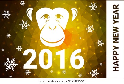 red, yellow monkey silhouette postcard low poly style with white snow vector illustration consisting of triangles. Abstract triangular polygonal origami or crystal background of New Years celebration.