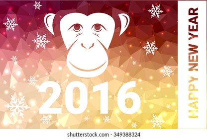red, yellow monkey silhouette postcard low poly style with white snow vector illustration consisting of triangles. Abstract triangular polygonal origami or crystal background of New Years celebration.