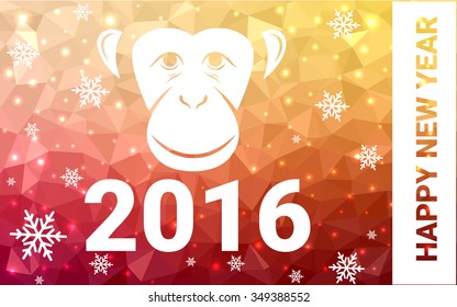 red, yellow monkey silhouette postcard low poly style with white snow vector illustration consisting of triangles. Abstract triangular polygonal origami or crystal background of New Years celebration.