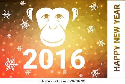 red, yellow monkey silhouette postcard low poly style with white snow vector illustration consisting of triangles. Abstract triangular polygonal origami or crystal background of New Years celebration.