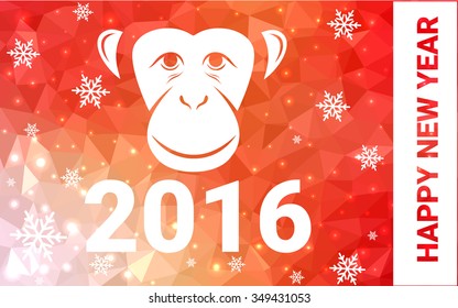 red, yellow monkey silhouette postcard low poly style with white snow vector illustration consisting of triangles. Abstract triangular polygonal origami or crystal background of New Years celebration.