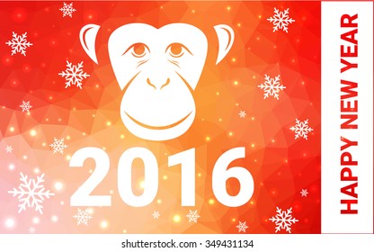 red, yellow monkey silhouette postcard low poly style with white snow vector illustration consisting of triangles. Abstract triangular polygonal origami or crystal background of New Years celebration.