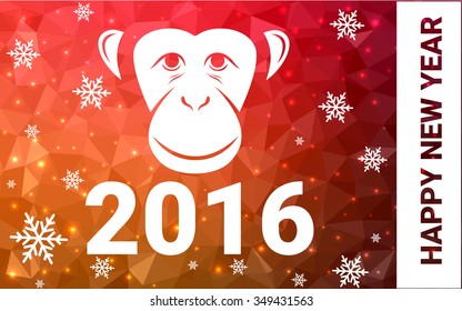 red, yellow monkey silhouette postcard low poly style with white snow vector illustration consisting of triangles. Abstract triangular polygonal origami or crystal background of New Years celebration.