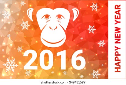 red, yellow monkey silhouette postcard low poly style with white snow vector illustration consisting of triangles. Abstract triangular polygonal origami or crystal background of New Years celebration.