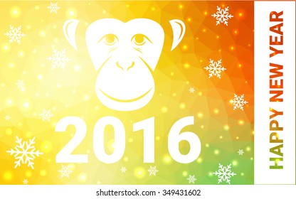 red, yellow monkey silhouette postcard low poly style with white snow vector illustration consisting of triangles. Abstract triangular polygonal origami or crystal background of New Years celebration.
