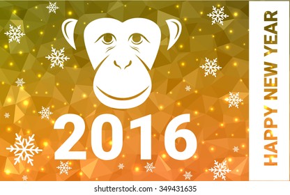 red, yellow monkey silhouette postcard low poly style with white snow vector illustration consisting of triangles. Abstract triangular polygonal origami or crystal background of New Years celebration.