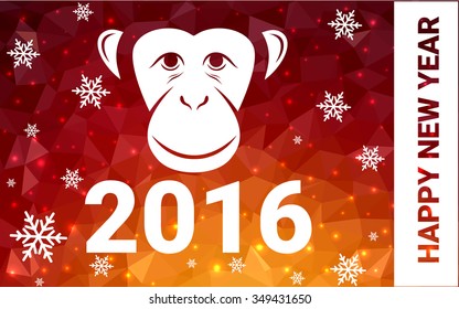 red, yellow monkey silhouette postcard low poly style with white snow vector illustration consisting of triangles. Abstract triangular polygonal origami or crystal background of New Years celebration.
