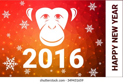 red, yellow monkey silhouette postcard low poly style with white snow vector illustration consisting of triangles. Abstract triangular polygonal origami or crystal background of New Years celebration.